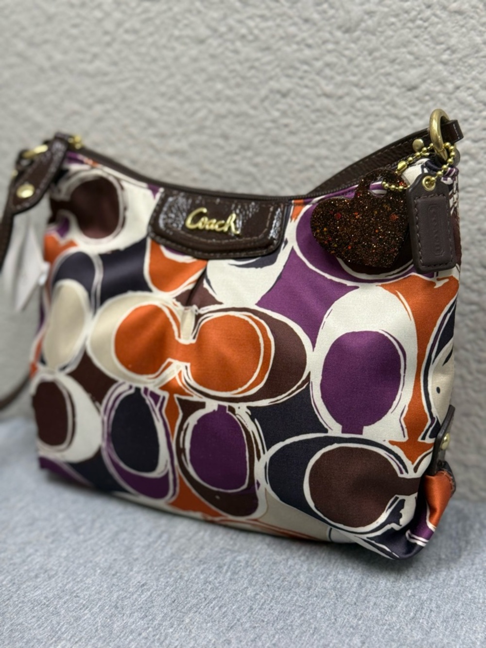 Y2K Coach Multicolor Signature Small Crossbody Hobo — Purple & Orange Patterned